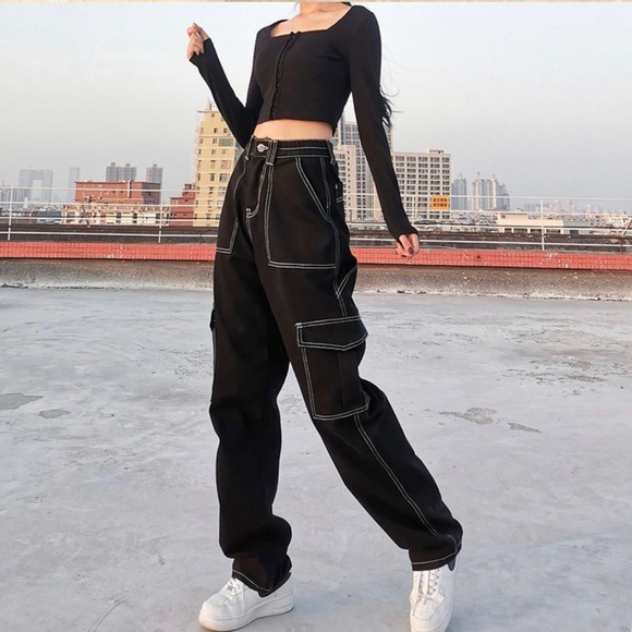 BrickBlack Denim - ‼️3/$20 Juniors High Waist Contrast Stitch Straight Leg Cargo Denim Jeans